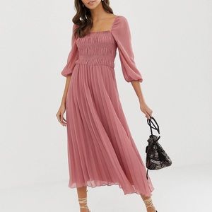 Asos design shirred pleated midi dress in tea rose